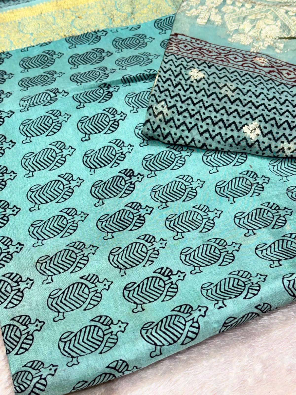 Original Bagh Print Mulberry Opada Silk Suit with Organza Dupatta — Piece 11