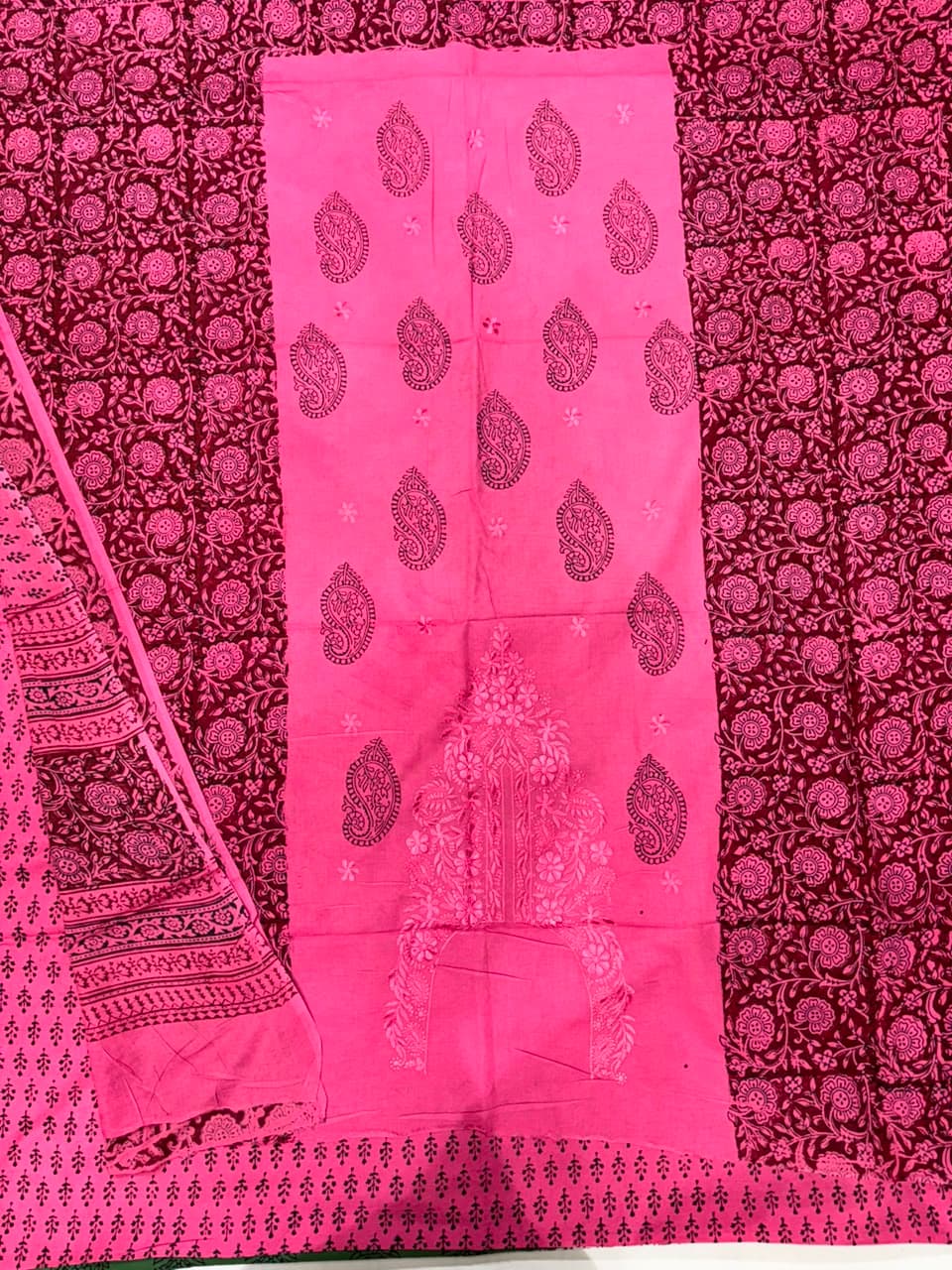 Bagh Print Cotton Suit with Lucknowi Embroidery — Piece 5