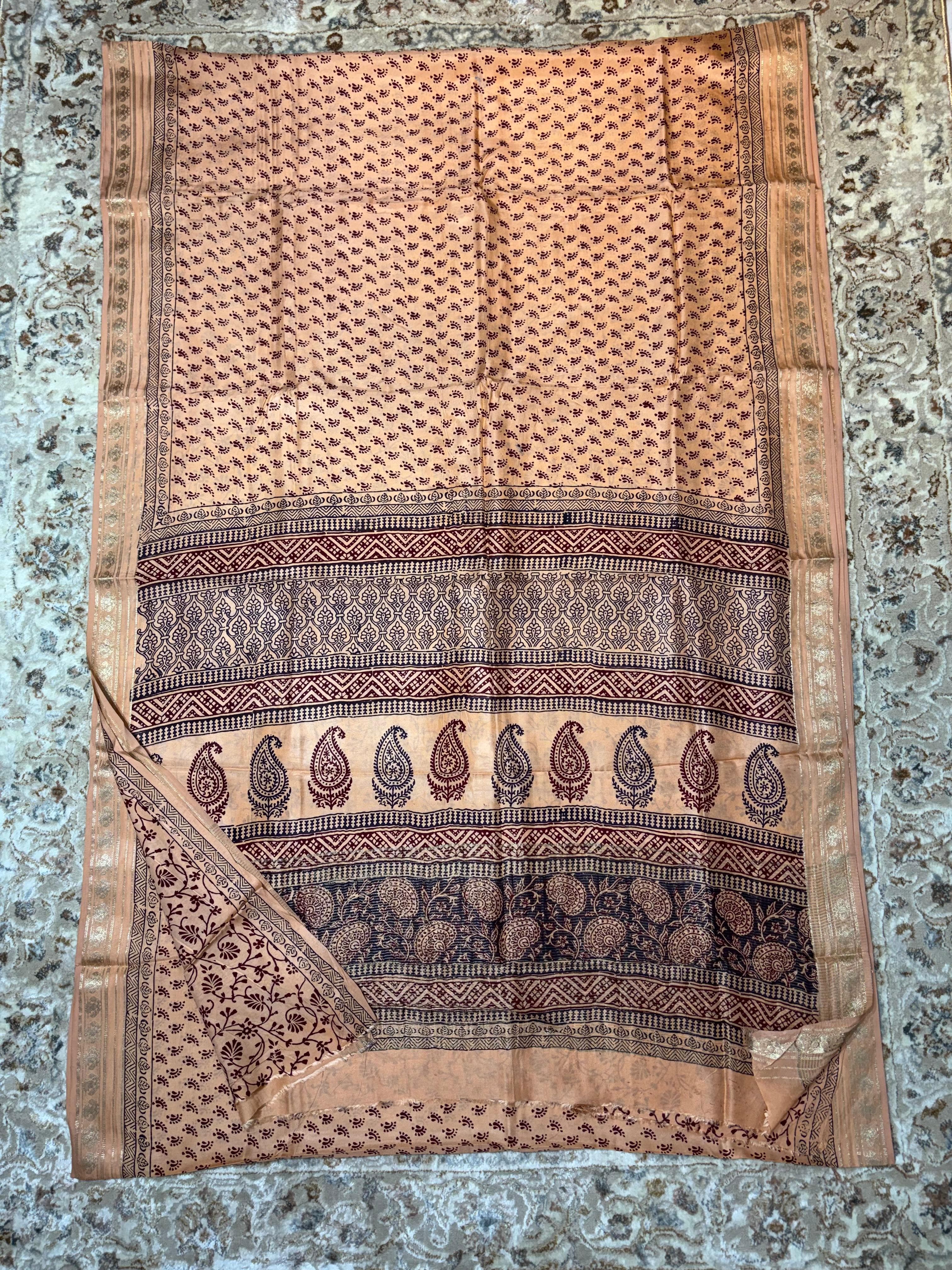 Baghprint Natural Crepe Saree with Zari Border — Piece 3