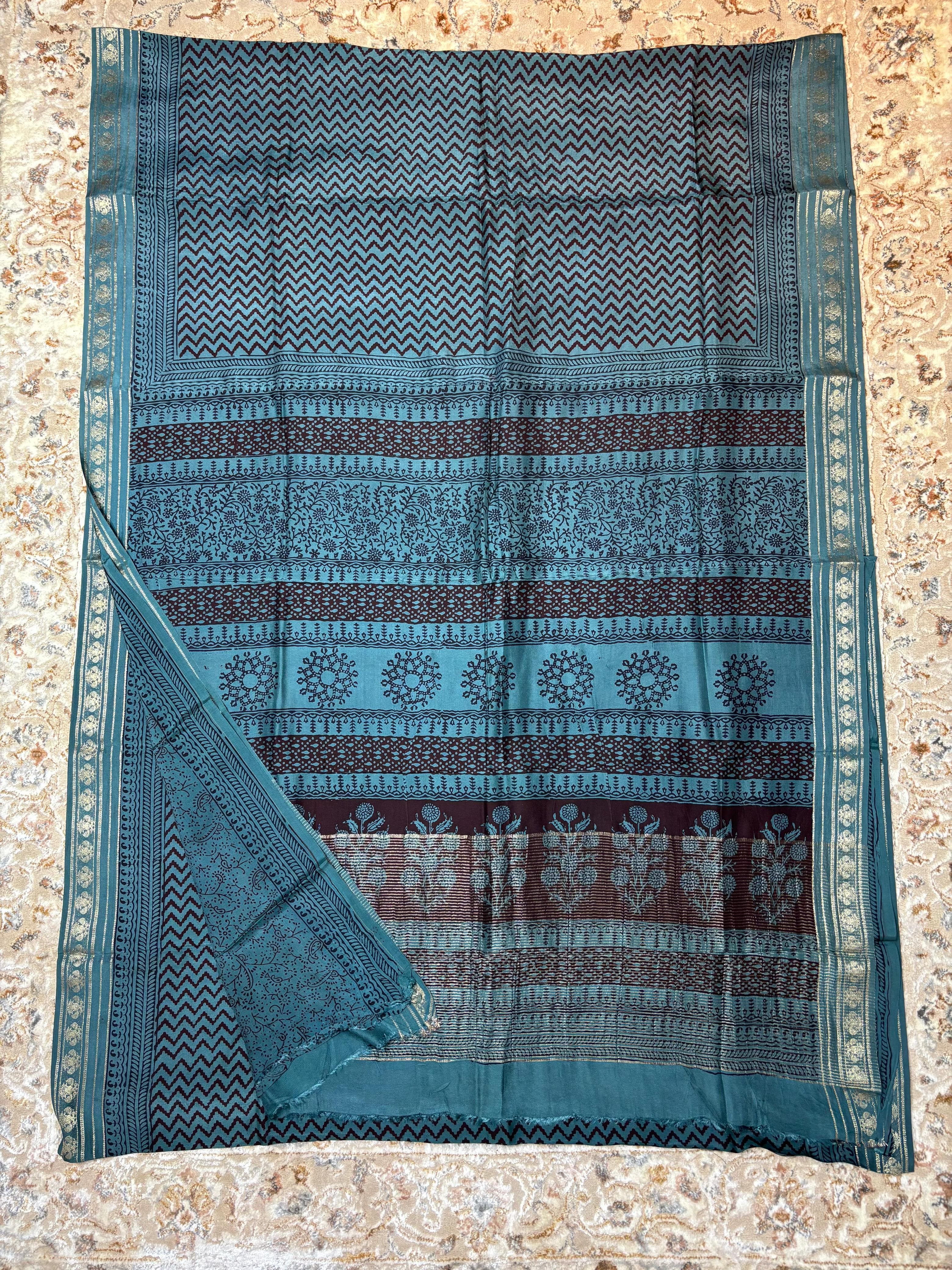 Baghprint Natural Crepe Saree with Zari Border — Piece 4