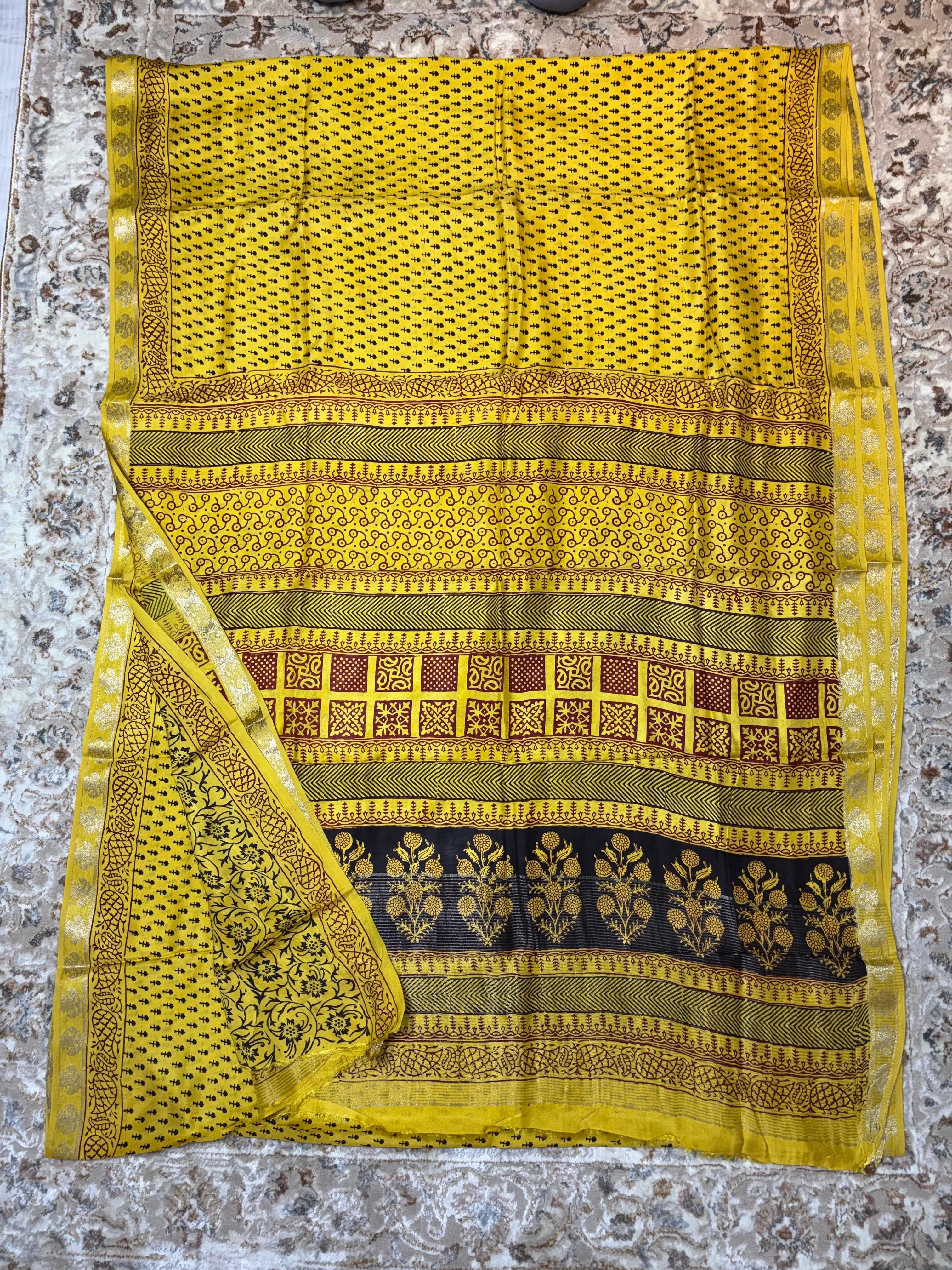 Baghprint Natural Crepe Saree with Zari Border — Piece 5