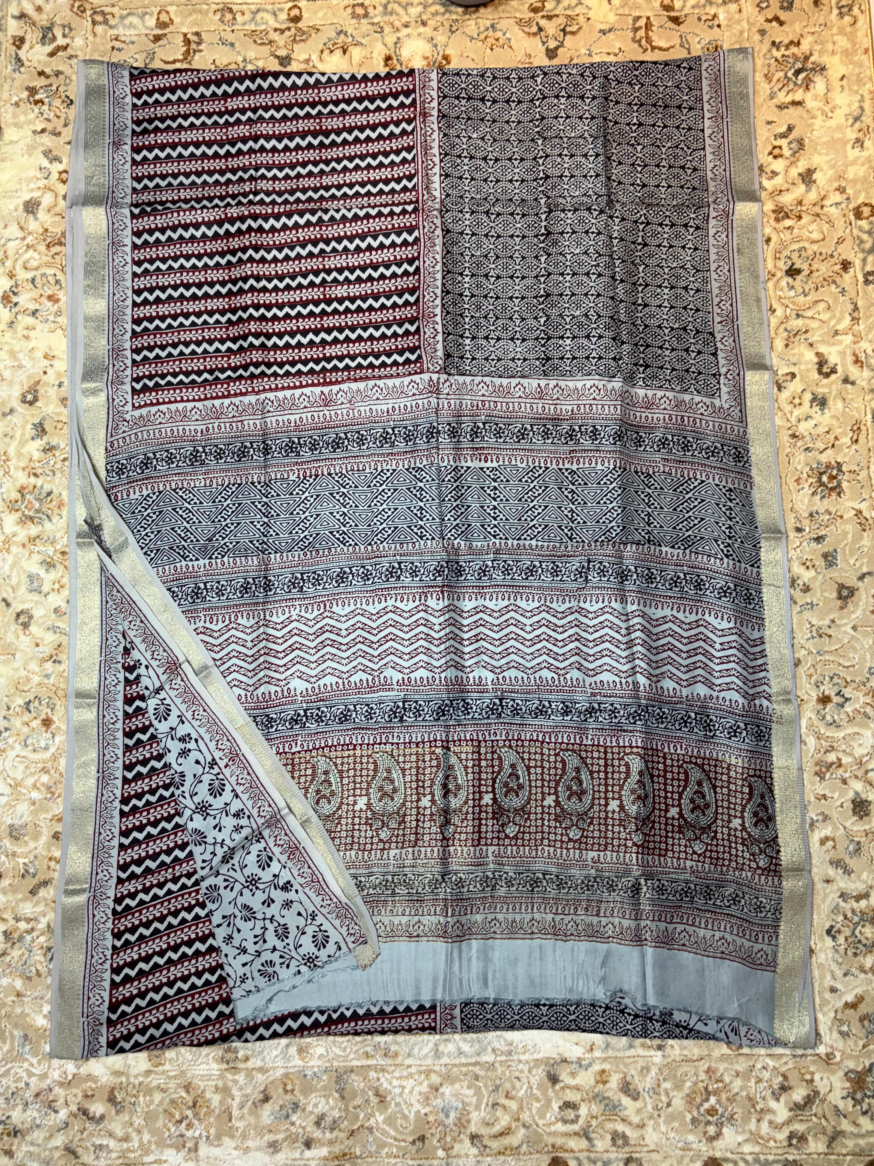 Baghprint Natural Crepe Saree with Zari Border — Piece 8