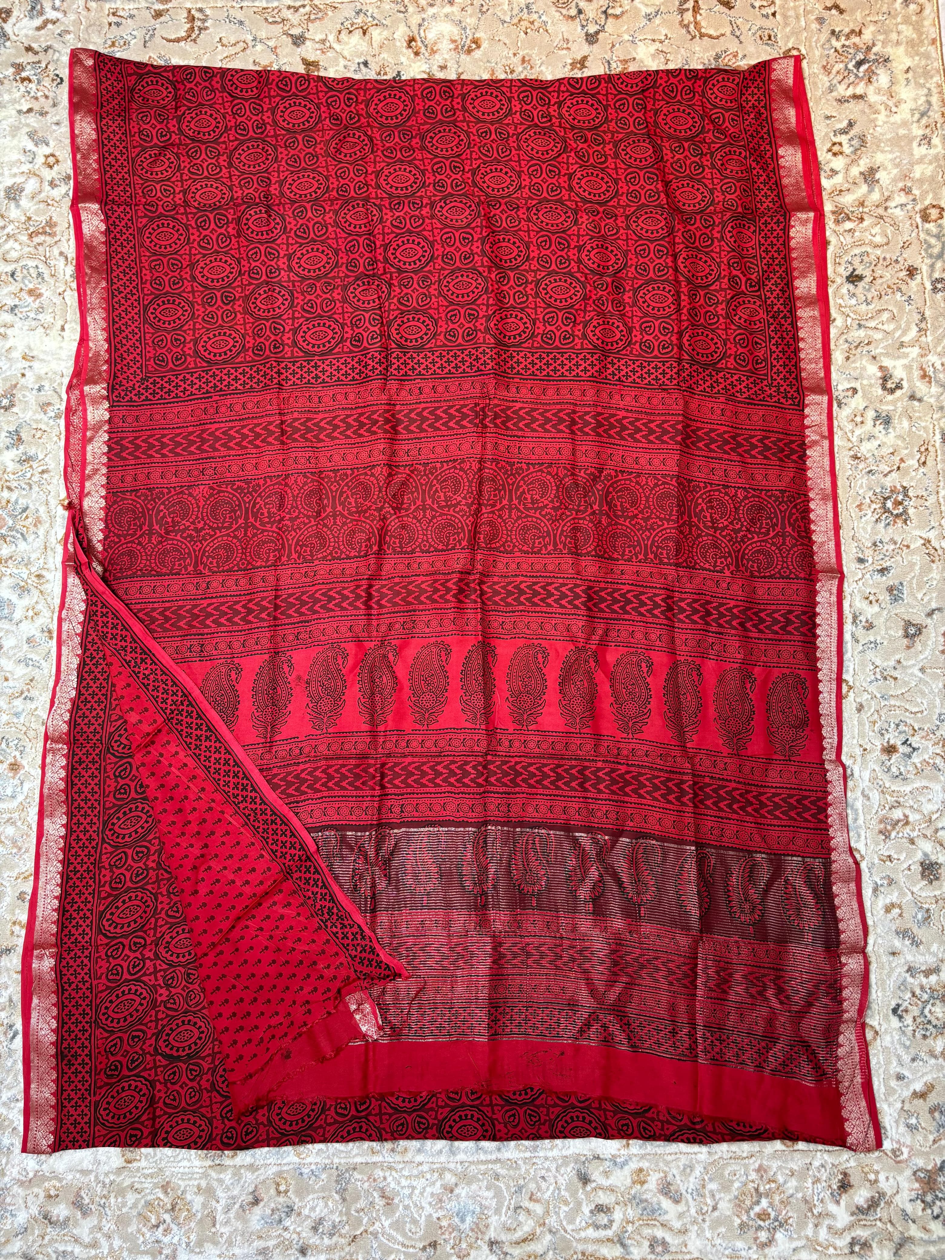 Baghprint Natural Crepe Saree with Zari Border — Piece 10