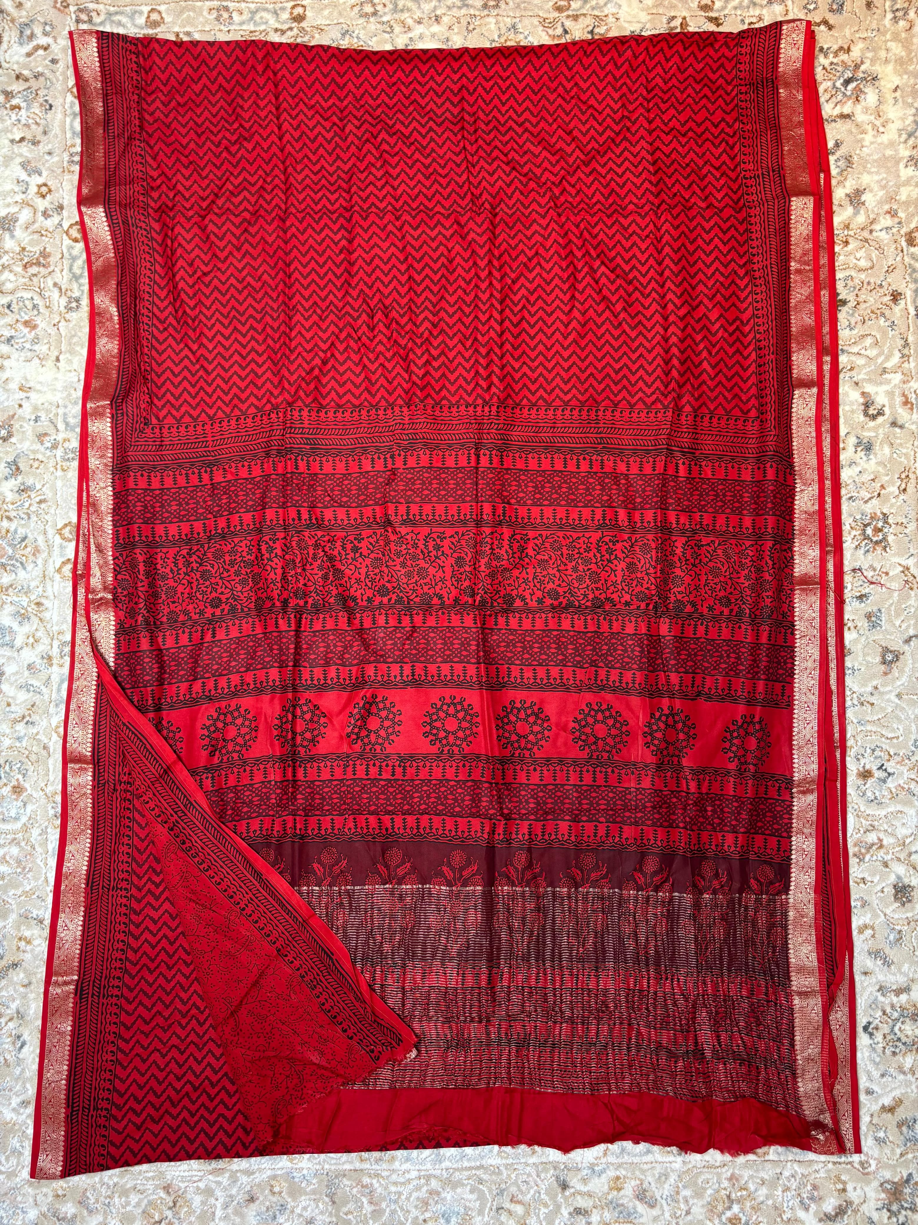 Baghprint Natural Crepe Saree with Zari Border — Piece 15