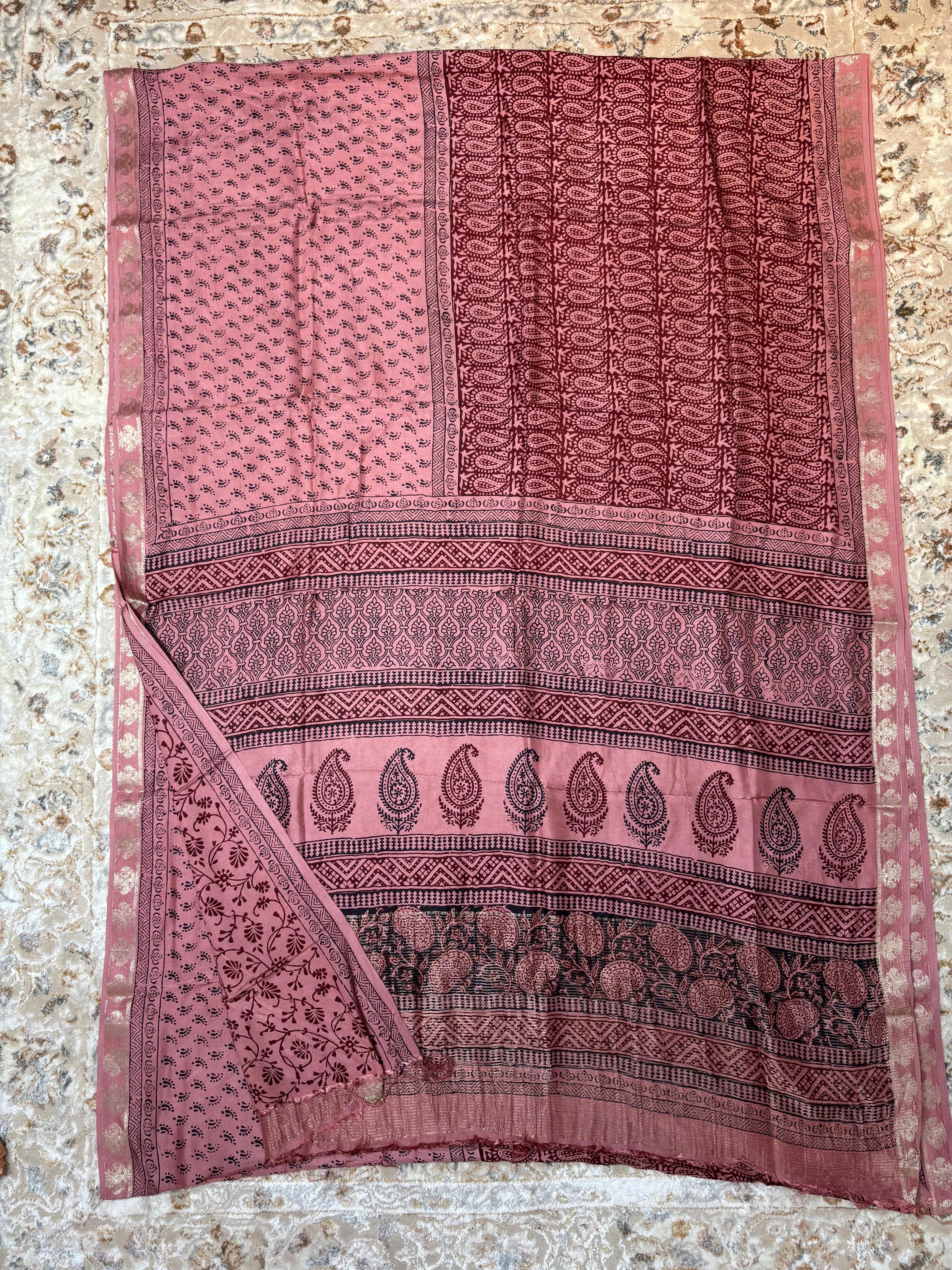 Baghprint Natural Crepe Saree with Zari Border — Piece 17