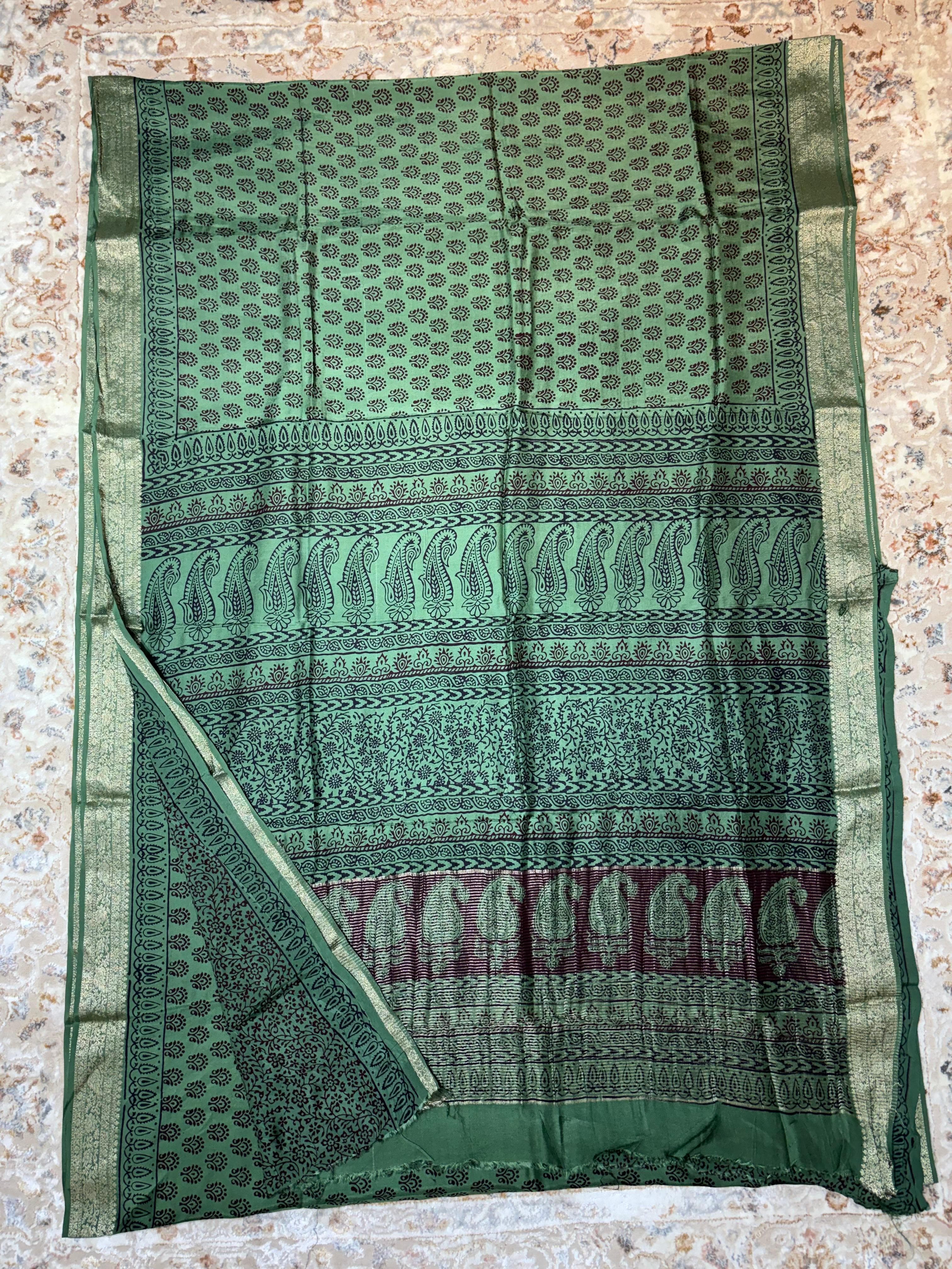 Baghprint Natural Crepe Saree with Zari Border — Piece 19