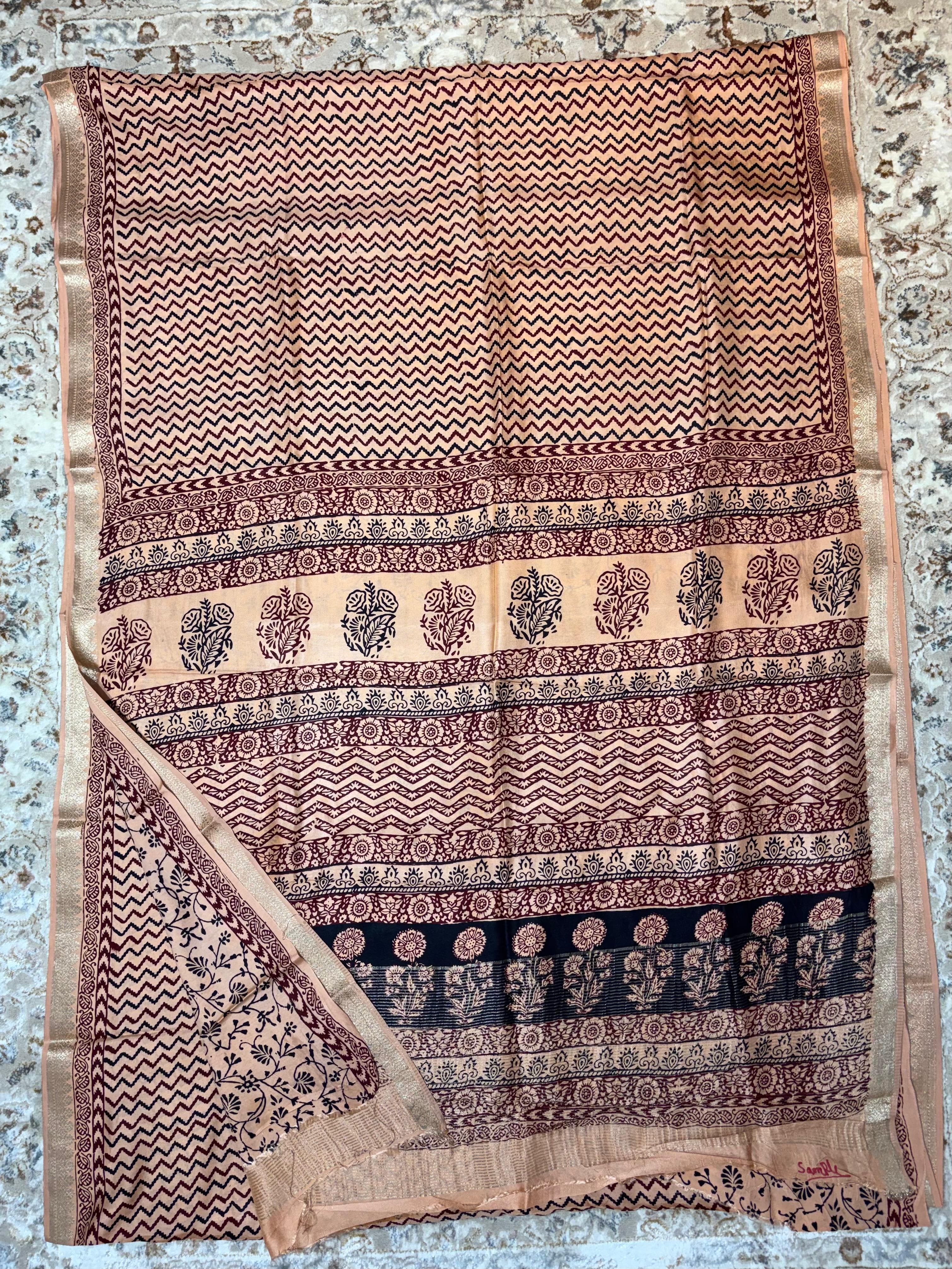 Baghprint Natural Crepe Saree with Zari Border — Piece 20